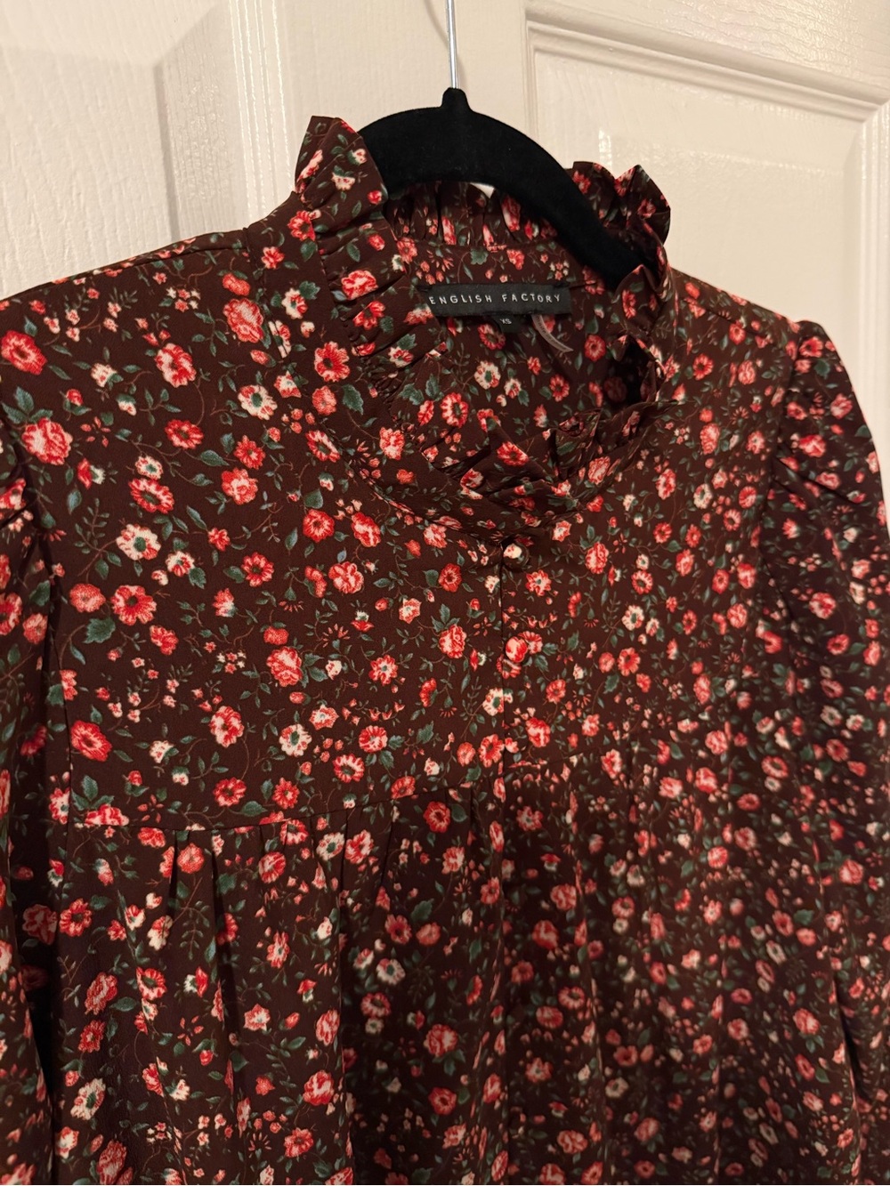 English Factory Floral Long Sleeve Mini Dress with Front Button Detail - Picture 4 of 13